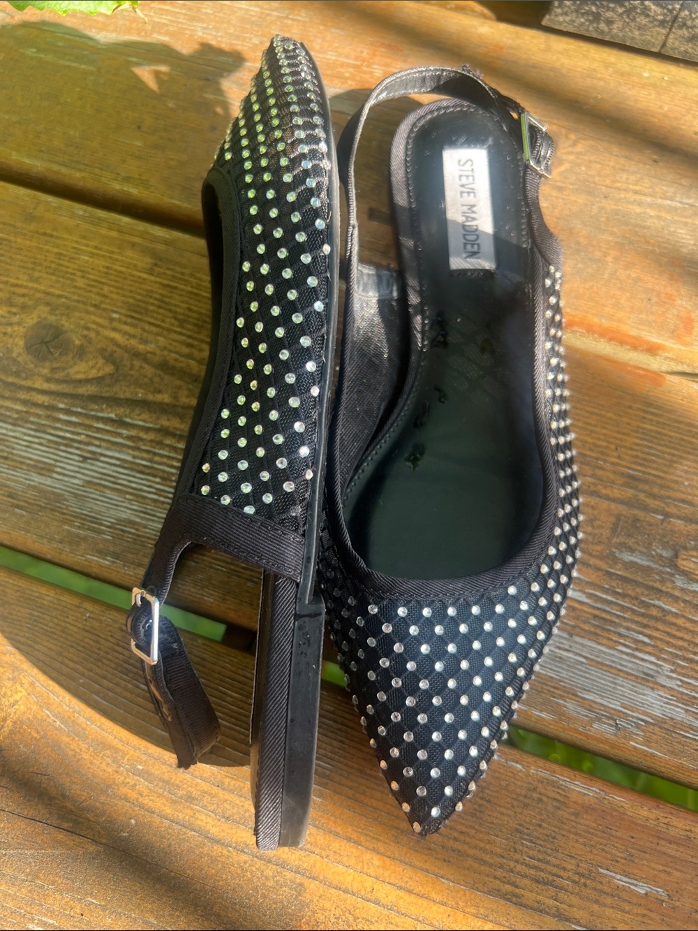 Steve Madden Black Pointed Rhinestone Slingback Flats